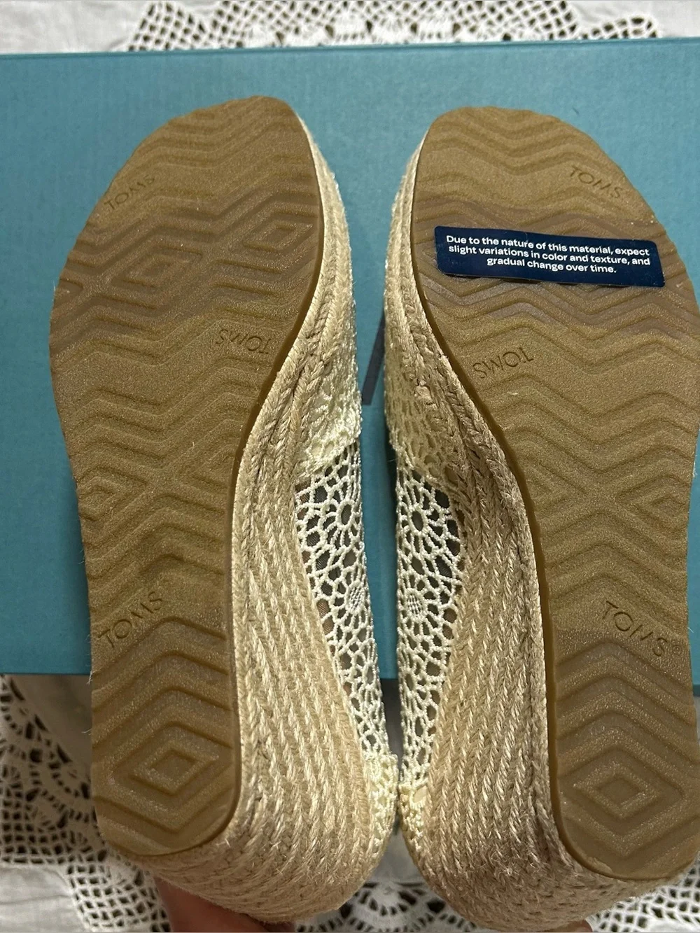 NWT TOMS Cream Crochet Wedge Peep Toe Heels